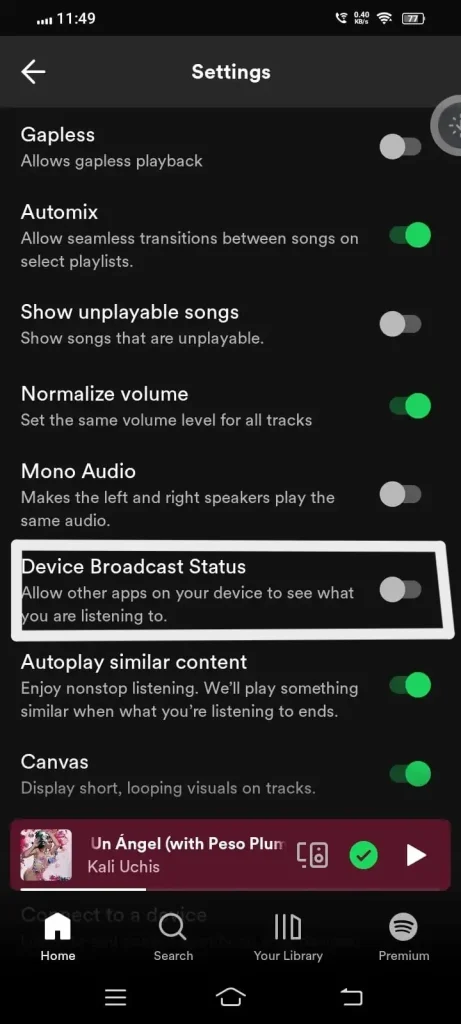 spotify device broadcast status setting